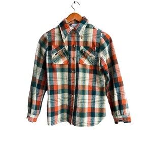 Vintage 70s Green Orange Psychedelic Plaid virgin wool Button Up Shirt Jacket S